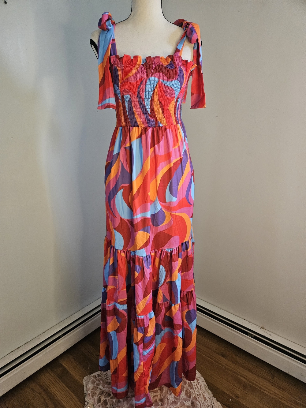 Hawaii Vacation  Tie-Shoulder Maxi Dress in Multicolor Swirl